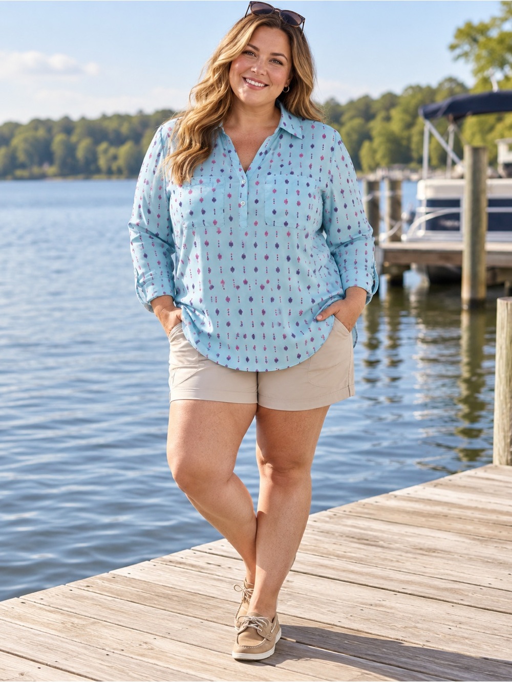 Magellan Outdoors Fish Gear Shirt 1X Blue Pink Moisture Wicking Fishing Top
